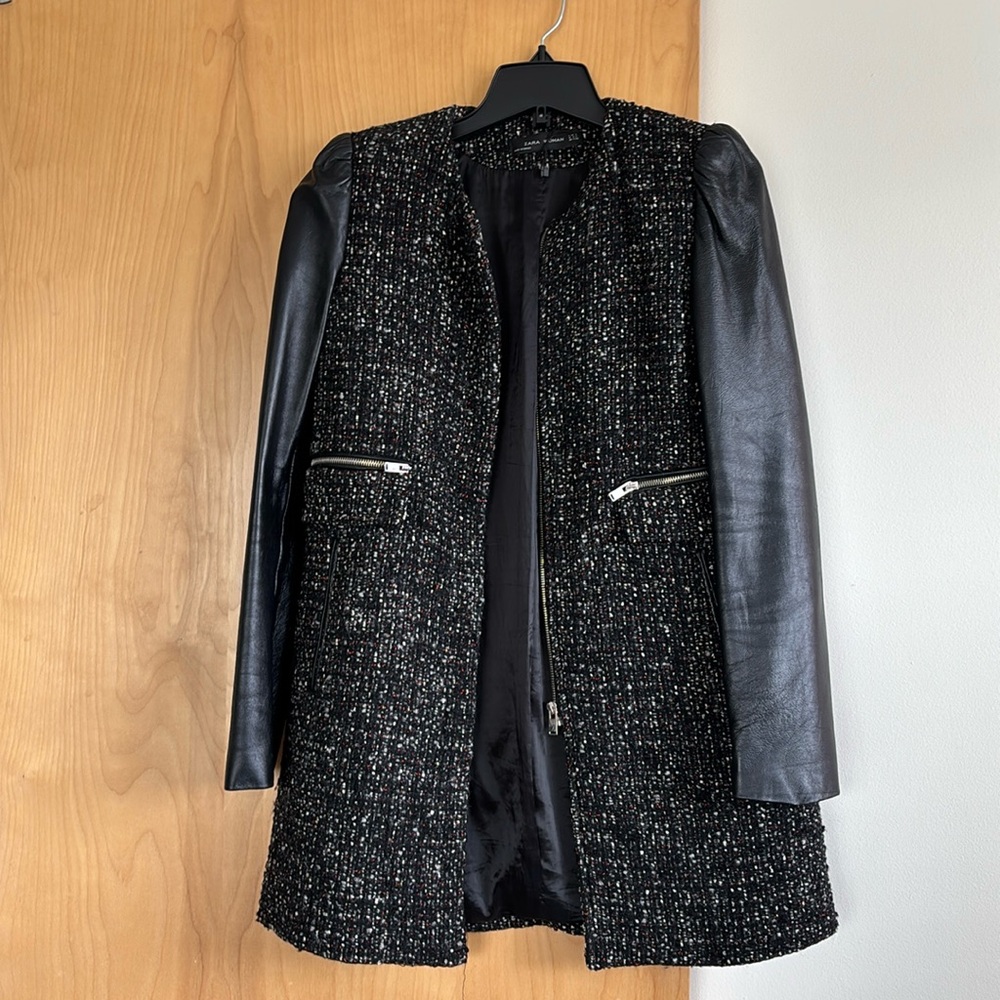 Zara Tweed Leather Sleeve Jacket Size S